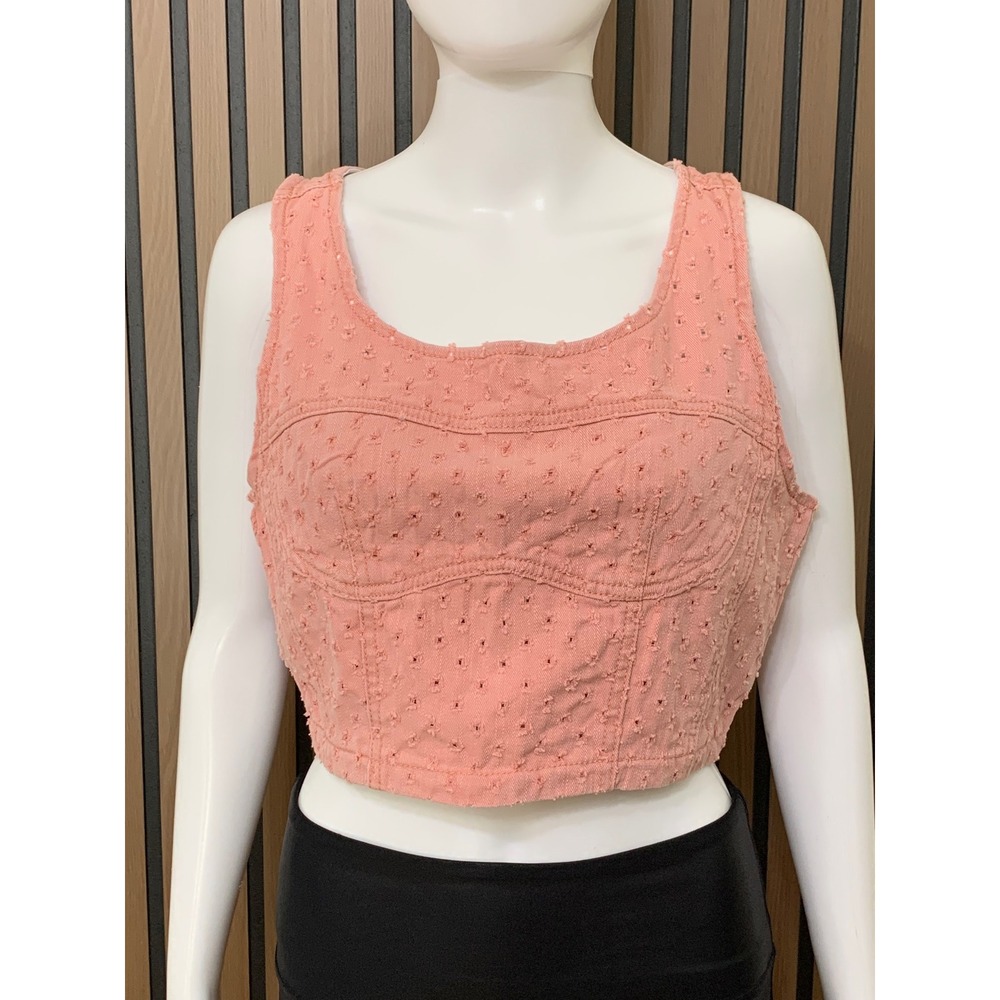 POL Women's Pink Eyelet Denim Corset Top GWT335 Sleeveless Crop Zip Back Size M